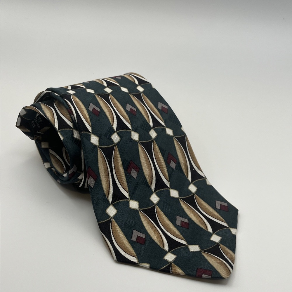Conte di Milano Men's Necktie GEOMETRIC Abstract Art Deco 100% Silk Green/Black